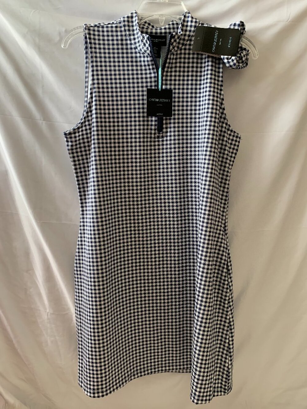 CYNTHIA ROWLEY ACTIVE Gingham Check Sleeveless Mini Dress in Navy/White Sz LARGE